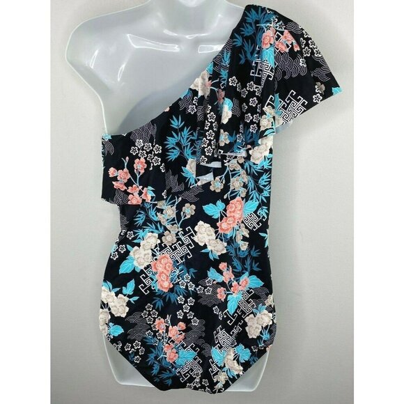 Swim Solutions $98 One Shoulder Floral One-Piece Swimsuit Size 12 - Picture 6 of 7